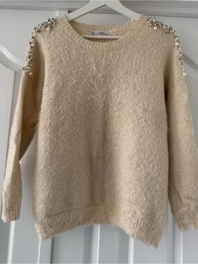 Cream Pearl-Shoulder Fuzzy Knit Women's Sweater